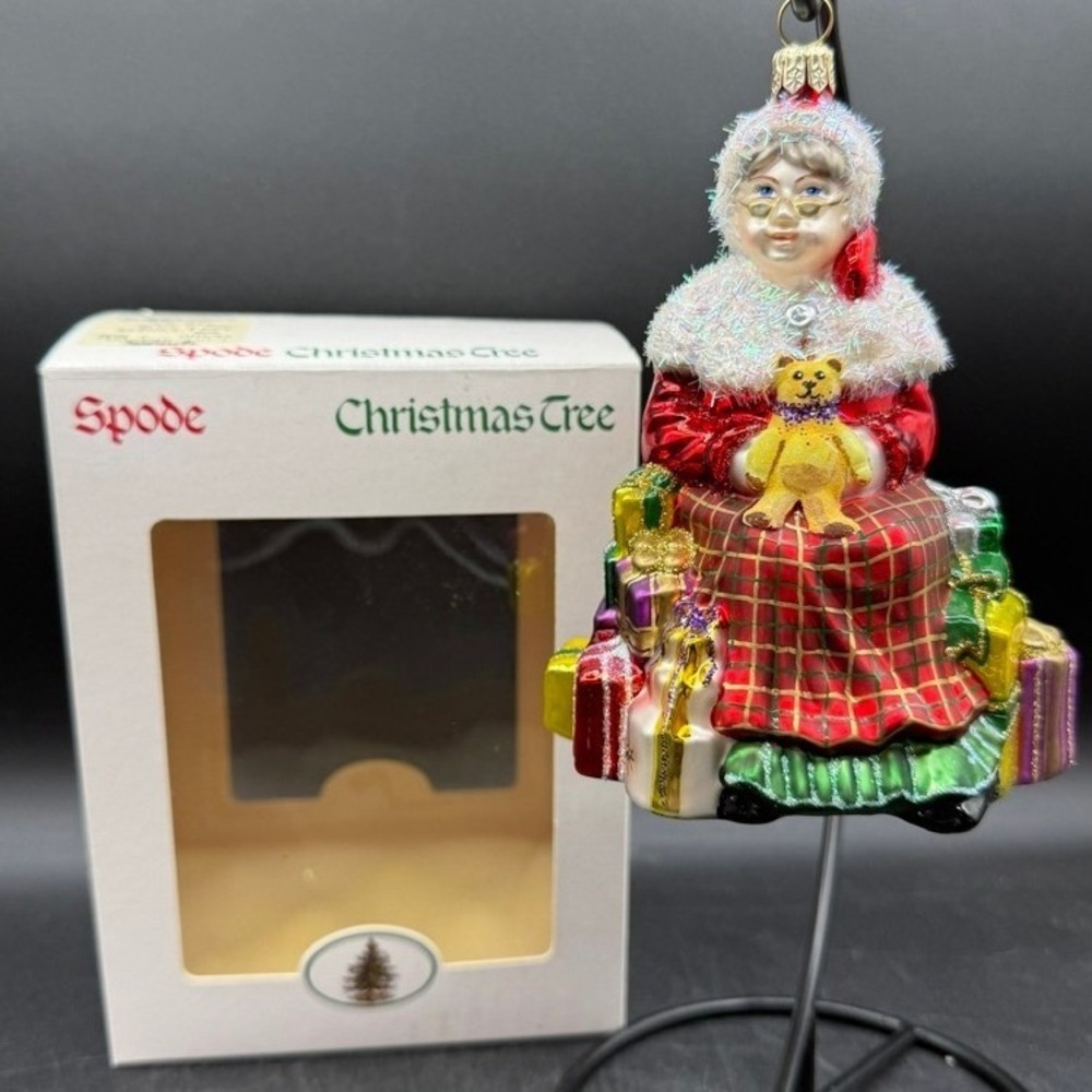 Vtg Spode Christmas Tree Mrs Claus Glass Ornament Holiday Decor Glitter Plaid